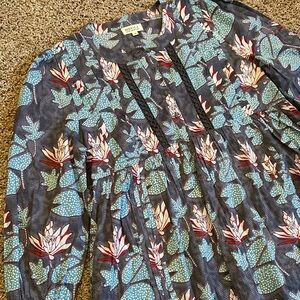Waterlily Floral blue tone Knee length Long Sleeve cotton Shirt Dress Size M